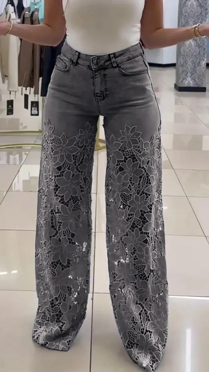 Women's Lace Patchwork Hollow Jeans, High Waisted Casual Vintage Baggy Straight Wide Leg Denim Pants Trouser