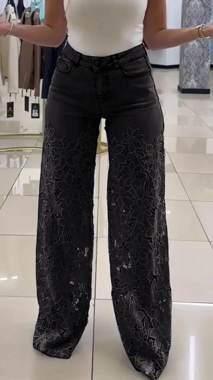 Women's Lace Patchwork Hollow Jeans, High Waisted Casual Vintage Baggy Straight Wide Leg Denim Pants Trouser
