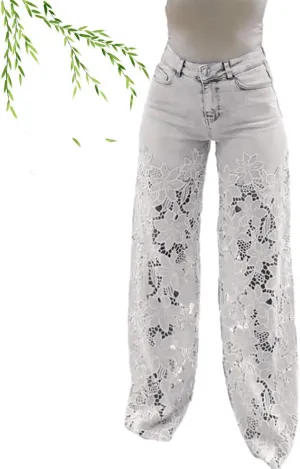 Women's Lace Patchwork Hollow Jeans, High Waisted Casual Vintage Baggy Straight Wide Leg Denim Pants Trouser
