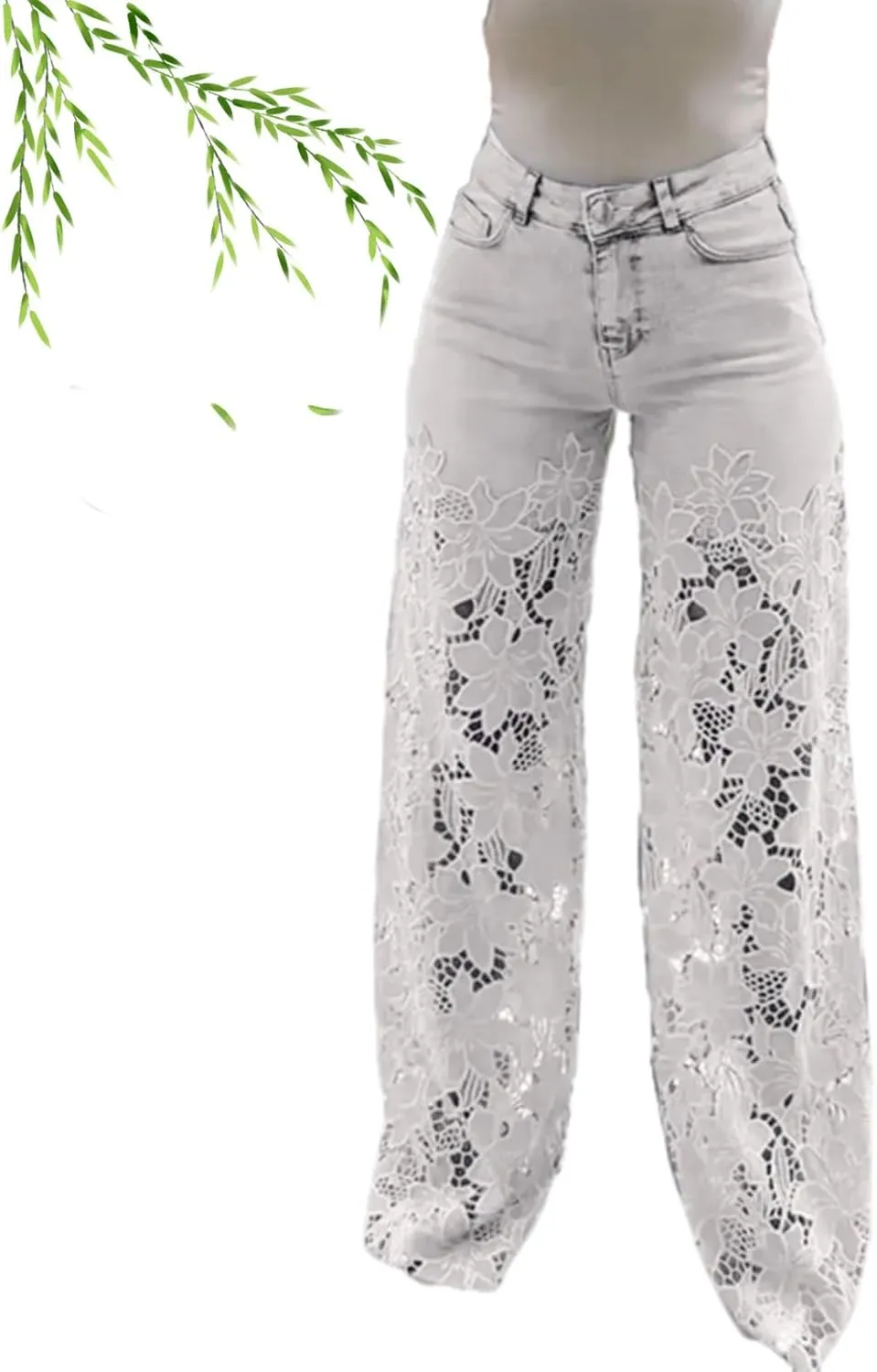 Women's Lace Patchwork Hollow Jeans, High Waisted Casual Vintage Baggy Straight Wide Leg Denim Pants Trouser