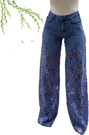 Women's Lace Patchwork Hollow Jeans, High Waisted Casual Vintage Baggy Straight Wide Leg Denim Pants Trouser