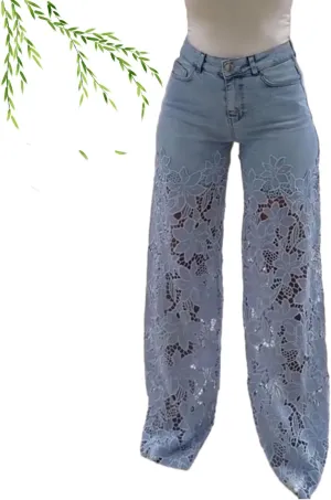 Women's Lace Patchwork Hollow Jeans, High Waisted Casual Vintage Baggy Straight Wide Leg Denim Pants Trouser