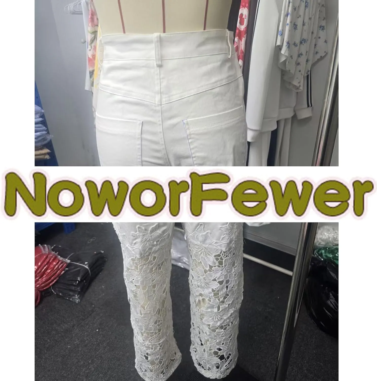 Women's Lace Patchwork Hollow Jeans, High Waisted Casual Vintage Baggy Straight Wide Leg Denim Pants Trouser