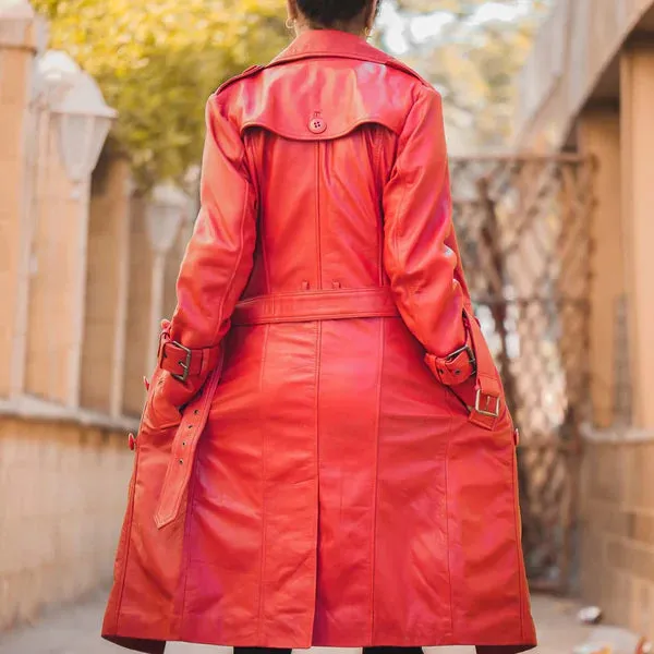 Women's Red Double-Breasted Stylish Leather Trench Coat