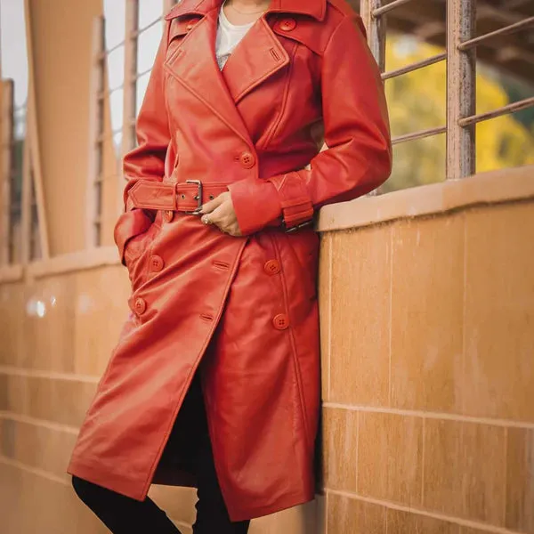 Women's Red Double-Breasted Stylish Leather Trench Coat