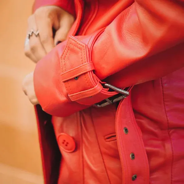 Women's Red Double-Breasted Stylish Leather Trench Coat