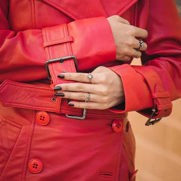 Women's Red Double-Breasted Stylish Leather Trench Coat