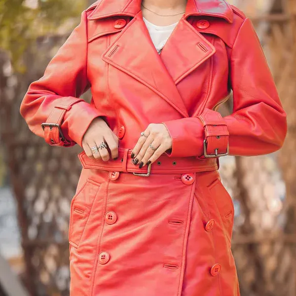 Women's Red Double-Breasted Stylish Leather Trench Coat
