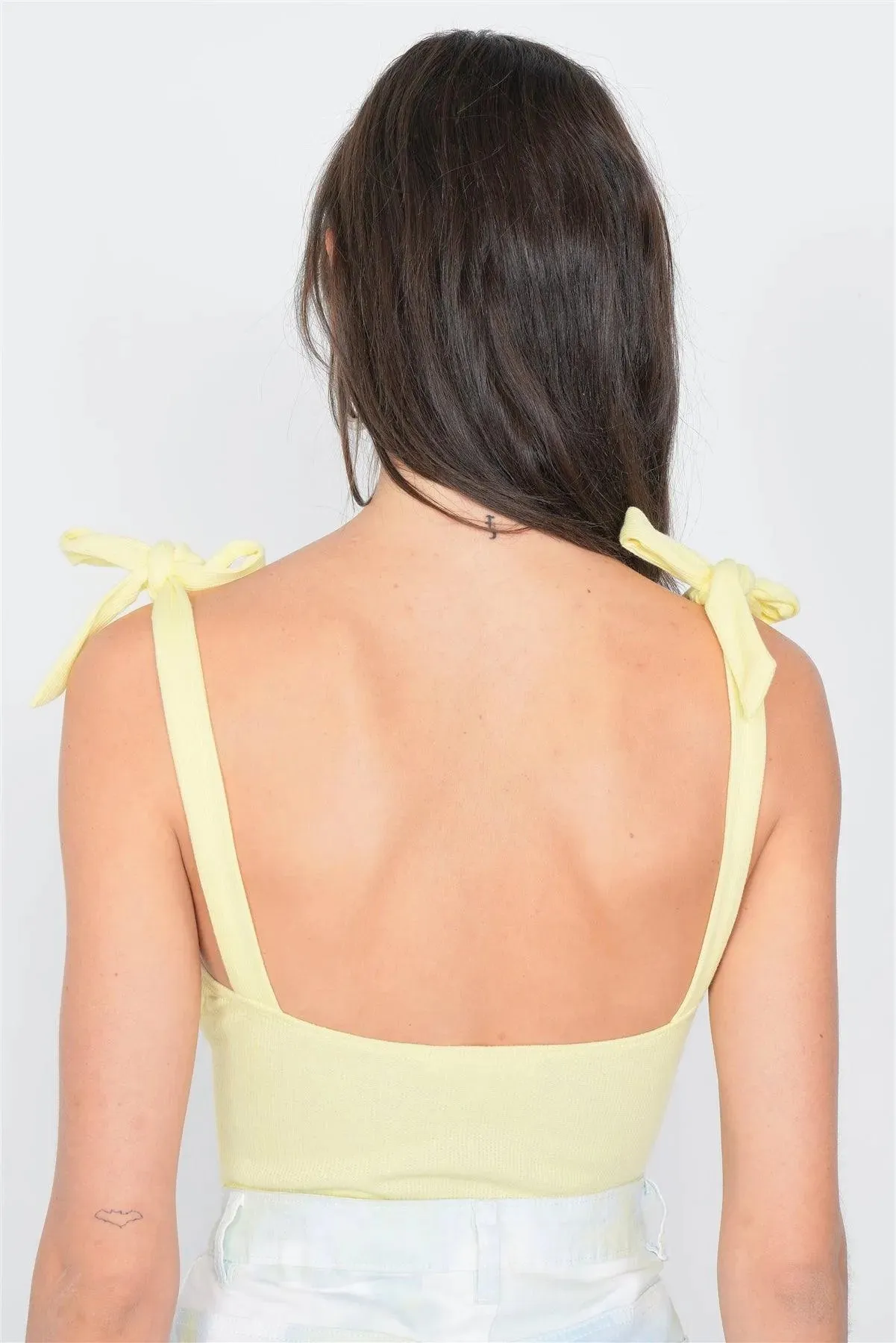 Yellow Knot Shoulder V-Neck Thong Snap Bodysuit
